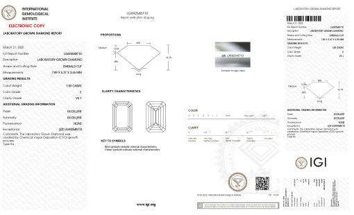 เพชรแท้ Lab Grown Diamond 1.50 กะรัต น้ำ 99 เกรด VS1 EX EX N พร้อมเซอร์ IGI (1CER1792N)
