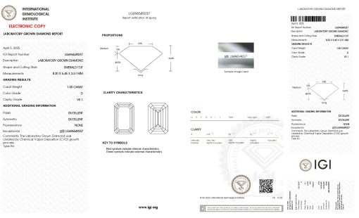 เพชรแท้ Lab Grown Diamond 1.55 กะรัต น้ำ 100 เกรด VS1 EX EX N พร้อมเซอร์ IGI (1CER1785N)