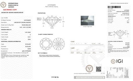 เพชรแท้ Lab Grown Diamond 1.00 กะรัต น้ำ 100 เกรด VVS1 ID EX EX N พร้อมเซอร์ IGI (1CER1826)