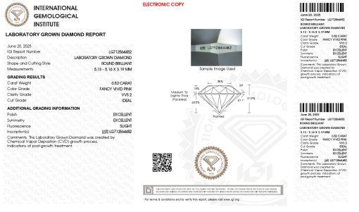 เพชรแท้ Lab Grown Diamond 0.52 กะรัต น้ำ PINK เกรด VVS2 ID EX EX SL พร้อมเซอร์ IGI (1CER1864)