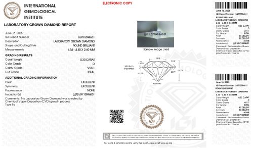 เพชรแท้ Lab Grown Diamond 0.30 กะรัต น้ำ 100 เกรด VVS1 ID EX EX N พร้อมเซอร์ IGI (1CER1833)