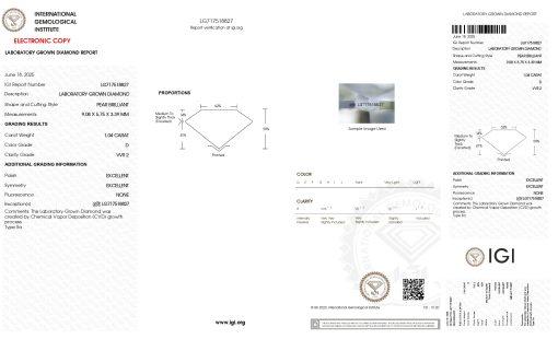 เพชรแท้ Lab Grown Diamond 1.04 กะรัต น้ำ 100 เกรด VVS2 EX EX N พร้อมเซอร์ IGI (1CER1860)