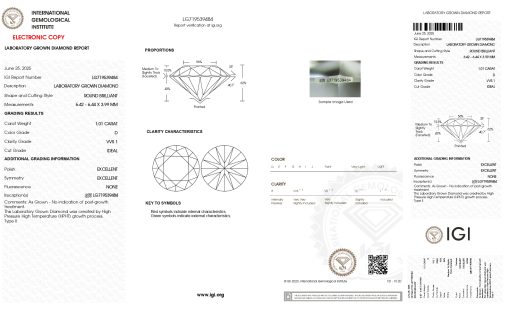 เพชรแท้ Lab Grown Diamond 1.01 กะรัต น้ำ 100 เกรด VVS1 ID EX EX N พร้อมเซอร์ IGI (1CER1828)