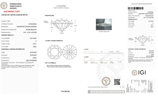 เพชรแท้ Lab Grown Diamond 1.03 กะรัต น้ำ 100 เกรด VVS1 ID EX EX N พร้อมเซอร์ IGI (1CER1827)
