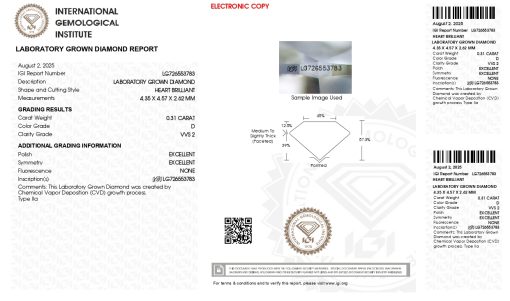 เพชรแท้ Lab Grown Diamond 0.31 กะรัต น้ำ 100 เกรด VVS2 EX EX N พร้อมเซอร์ IGI (1CER1799)
