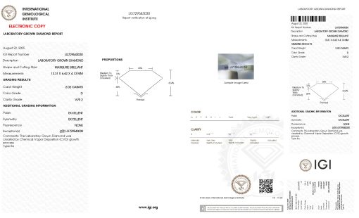 เพชรแท้ Lab Grown Diamond 2.02 กะรัต น้ำ 100 เกรด VVS2 EX EX N พร้อมเซอร์ IGI (1CER1795)