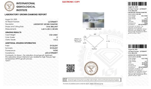 เพชรแท้ Lab Grown Diamond 0.52 กะรัต น้ำ 100 เกรด VVS2 EX EX N พร้อมเซอร์ IGI (1CER1816)