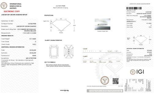 เพชรแท้ Lab Grown Diamond 1.01 กะรัต น้ำ 100 เกรด VVS2 EX EX N พร้อมเซอร์ IGI (1CER1856)