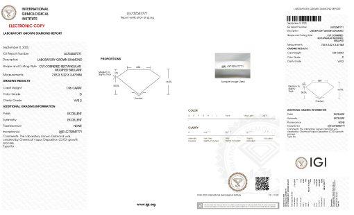 เพชรแท้ Lab Grown Diamond 1.06 กะรัต น้ำ 100 เกรด VVS2 EX EX N พร้อมเซอร์ IGI (1CER1858)