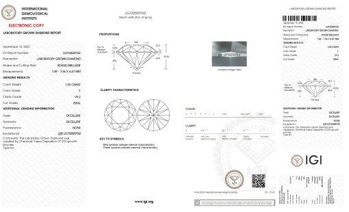เพชรแท้ Lab Grown Diamond 1.53 กะรัต น้ำ 98 เกรด VS2 ID EX EX N พร้อมเซอร์ IGI (1CER1871)