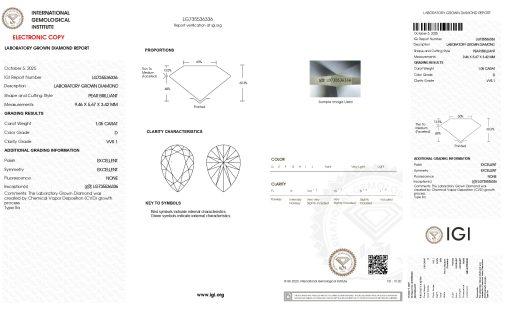 เพชรแท้ Lab Grown Diamond 1.05 กะรัต น้ำ 100 เกรด VVS1 EX EX N พร้อมเซอร์ IGI (1CER1910)