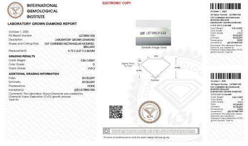 เพชรแท้ Lab Grown Diamond 0.56 กะรัต น้ำ 100 เกรด VVS2 EX EX N พร้อมเซอร์ IGI (1CER1894)