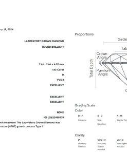 เพชรแท้ Lab Grown Diamond 1.63 กะรัต น้ำ 100 เกรด VVS2 EX EX EX N พร้อมเซอร์ IGI (1CER2058)