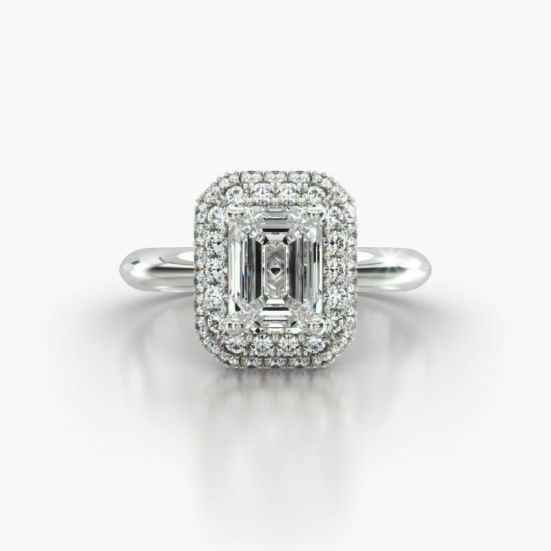 EMERALD OR RADIANT KNIFE SOLITAIRE FALLING EDGE PAVE HALO - A
